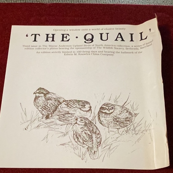 COPY - Collector Plate, The Quail, Plate #12109A 1987 - Picture 3 of 4
